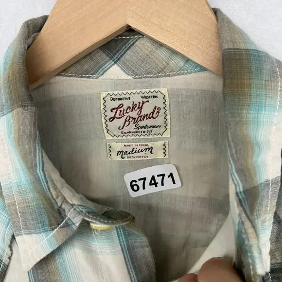 LUCKY BRAND Shirt Mens M Plaid Pearl Snap Front Western Double Layer Cotton Gray - Picture 15 of 15